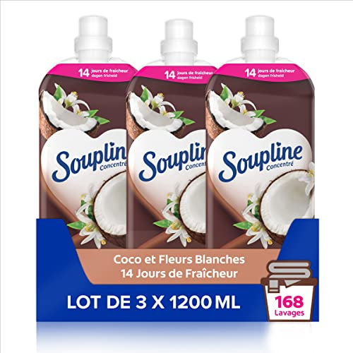 Soupline - Adoucissant Linge Concentré Soupline Fraîcheur Parfumée Coco et Fleurs Blanches 14 Jours de Fraîcheur Lot de 3X1200ml Soit 168 lavages