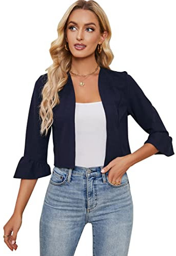 KOJOOIN Giacca bolero da donna, maniche a 3/4, con volant, apertura frontale, elegante e casual, confezione multipla, Blu scuro, M