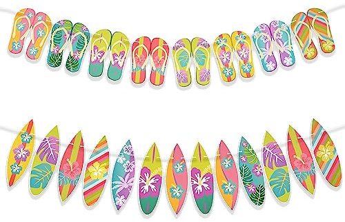 COLOFALLA 2 Stk Hawaii Girlande Banner Hawaii Party Deko Aloha Tiki Sommerparty Tropische Luau Party Deko für Sommer Geburtstag Urlaub Strand Mottoparty (Flipflops+Surfboard)