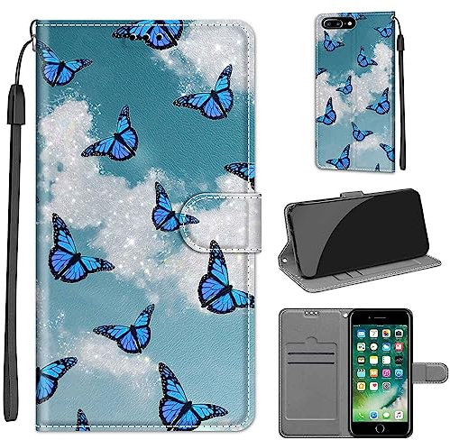 TOMYOU for iPhone 7 Plus 8 Plus Case, PU Leather Wallet Book Flip Folio Stand View Cover Pouch Compatible with iPhone 7 Plus 8 Plus Phone Case (Butterfly)