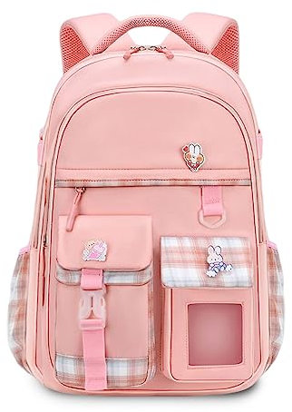 FANDARE Kinderrucksack Kindergartenrucksack Schulranzen Mädchen Junge Schulranzen Schulrucksack Nylon Schultertasche für Reisen Schule Daypacks mit Plüsch-Accessoires & Niedliches Abzeichen Rosa