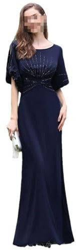 Long A Line Evening Dresses Crewneck Short Sleeve Floor Length Gown Chiffon Mermaid Prom Dress Navy Blue 16#Floor Length