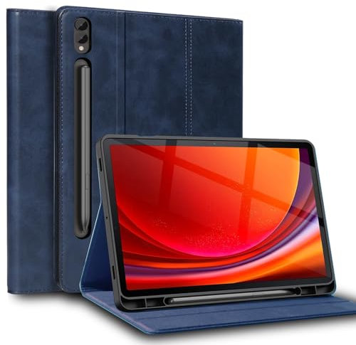 Gexmil Echtes Leder Hülle für Samsung Galaxy Tab S8+ Plus,S7+ Plus/S7 FE 12.4 Zoll,mit Stylus Halter,Automatischer Schlaf/Aufwachen,Smart Folio Cover Stoßfest rutschfest,Einstellbarer Ständer,Blau