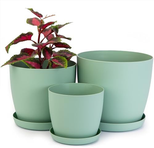 Home Garden Ornaments Vaso per Piante da Interno Verde Set di 3 Misure 14/16/18 cm - Opaco Vaso da Esterno con Sottovaso Senza Fori di Drenaggio - Vasi per Piante da Esterno (Verde)