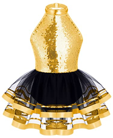 Kaerm Vestido de ballet para niños y niñas, traje de ballet con falda tutú, brillante, vestido de patinaje artístico, vestido de baile, carnaval, fiesta temática, disfraz de danza, dorado, 110 cm-116