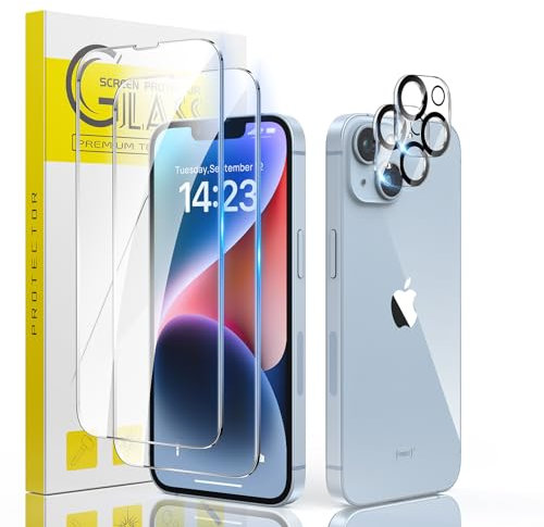 Guretok 2+2 Schutzfolie für iPhone 14 Schutzglas 6,1 Zoll, 2 Stück Militärstandard 9H Härte Folie für iPhone 14 mit 2 Kameraschutz, HD Klar Gehärtetes Glas Displayschutzfolie für