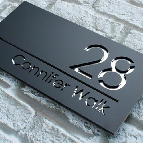 Placa de acrílico para casa, cortada con láser, color negro y plateado