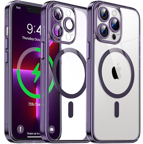 Flyzoo Clear Magnetic Case for iPhone 13 Pro Max (6.7'') Compatible with MagSafe & Camera Protector, [Non-Yellowing] [Shockproof & Antiscratch Protection] Hard Transparent Cover with Silicone, Purple
