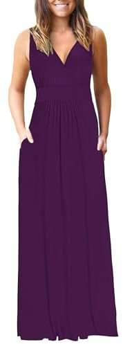 AUSELILY Maxikleid Damen Sommer Ärmellos Kleid Lang Elegant tiefem V-Ausschnitt Abendkleid mit Taschen Lila L