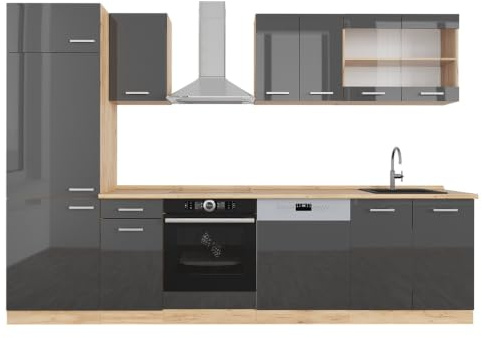Vicco Küchenzeile R-Line, Anthrazit Hochglanz/Goldkraft Eiche, 300 cm | 8 Module · Höhenverstellbare Füße · Arbeitsplatte Eiche · Robuste Fronten · Mit Kühlschrankumbauschrank · Frei kombinierbar