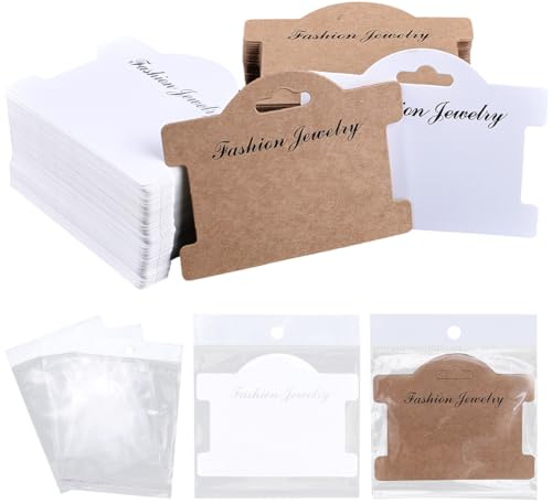 SOFPLATE 100 Stück 3.78 x 2.95 Zoll Schmuckdisplaykarten Mit Taschen Halsketten Aufhängekarte Kamelweißer Karton Papier Schmuckverpackungskartenhalter Zum Aufhängen von Halsketten Armbanddisplay