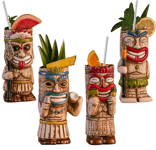 Vinbcorw Set di 4 Tazze da Cocktail Tiki - Tazza esotica Satinata con Confezione da 4 cannucce, Bicchieri da Cocktail Tiki Party per Bevande da Bar Bicchieri Premium Tropicali esotici Carini,A5