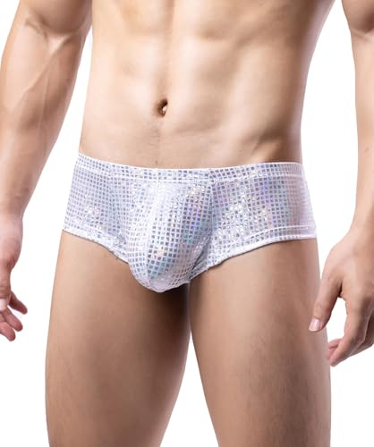 Panegy Herren Sexy Boxershorts Pailletten Glänzend Stretch Unterwäsche Niedriger Einstieg Metallisch Performance Trunks Dessous Glitter Sparkle Unterhosen Weiß XL