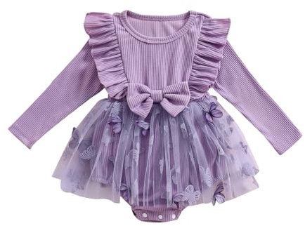 Geagodelia Bambine 2 Pezzi Abiti Outfit Farfalla Manica Lunga Principessa Vestito e Fascia Pagliaccetti Neonato per Party Battesimo Cerimonia (Viola B, 6-12 Months)
