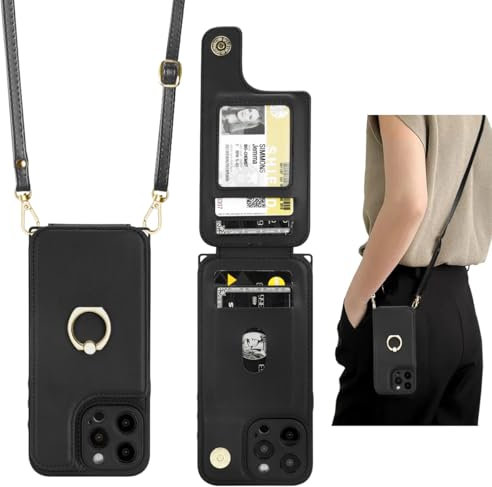 uCOLOR for iPhone 15 Pro Max Wallet Case with Card Holders for Women, Crossbody Protective Leather Case with Strap Wrist 360°Rotation Ring RFID Kickstand Designed for 15 Pro Max 6.7 (Black)
