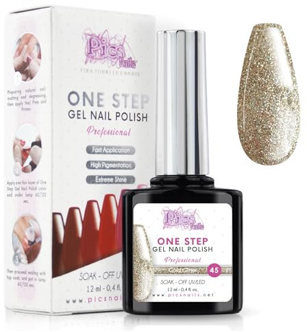 One Step Gellack Nagellack UV/LED One Step 12 ml - Goldener Glitzer - Professioneller Nagellack Günstig Mit oder Ohne Basis und Top Coat