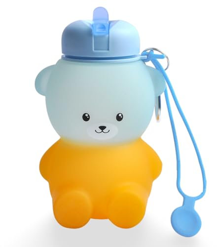 TAGTAA Gourde Enfant Bear Pliable en Silicone Alimentaire de Qualité Supérieure - Gourde bebe Léger et Compact - Gourde avec paille, Résistant aux Chocs, Gourde enfant sans bpa, Bleu, 600ml