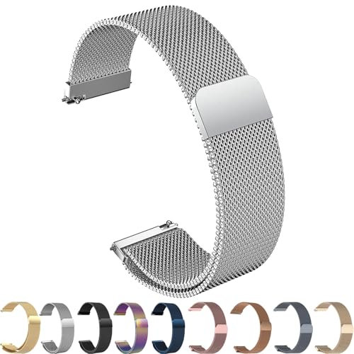 ZLZKJS Edelstahl Mesh Uhrenarmband, 14mm 16mm 18mm 20mm 22mm 24mm Magnetverschluss Smartwatch Schnellverschluss Metall Ersatz Armband für Damen Herren Watch Uhren Ersatzband (Silber, 18mm)