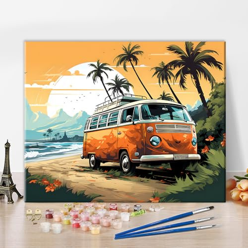 TISHIRON Malen nach Zahlen für Erwachsene Auto am Strand Erwachsene Malen nach Zahlen Kits Reisebus Sonnenuntergang Landschaft Malen nach Zahlen mit Pinseln Ölgemälde Kunsthandwerk