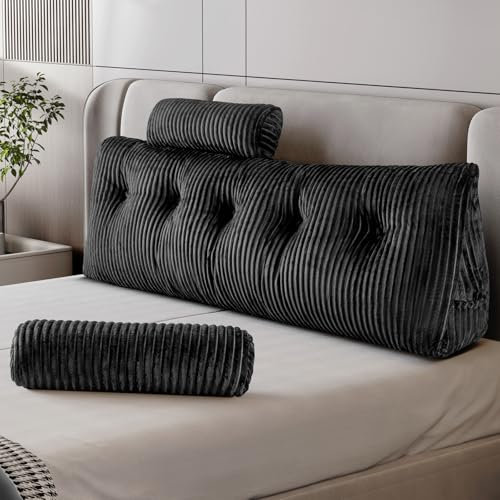 Z-hom Bücherkissen, Keilkissen, Lesekissen Für Bett Und Sofa, Cozy Rückenkissen, Praktisches Seitenfach, Removable Cover, Mit Rundem Kopfkissen (Schwarz, 150 * 50 * 20cm)