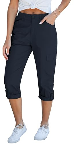 Roskiky Cargo Capri Pants Damen High Waist Relaxed Fit Elastischer Strickbund Lässige Caprihose Kurze Hose