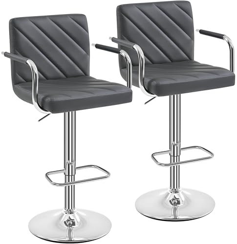 Yaheetech Barhocker 2er Set, Barstuhl höhenverstellbar, Kunstleder Tresenhocker 360° Drehstuhl, Küchenstuhl mit Armlehnen und Rückenlehne Dunkelgrau