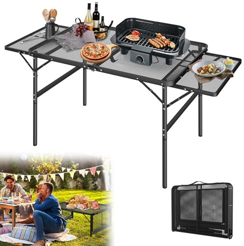 YRHome 90x60cm Campingtisch Klappbar Beistelltisch Outdoor Gartentisch mit Metallgitterplatte Grilltisch Klapptisch Verstellbare Höhe & Breite, Tragegriff Kleiner Tisch für Picknick (bis 134x60 cm)