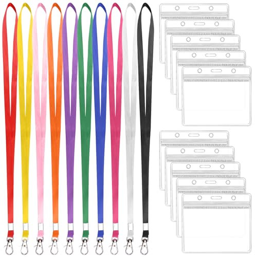 10 Sets Porta Tesserino da Collo, Porta Badge Orizzontale Trasparente Impermeabile, Colorato Laccetti Porte Badge da Collo per Affari, Esposizione e Scuola, Evento
