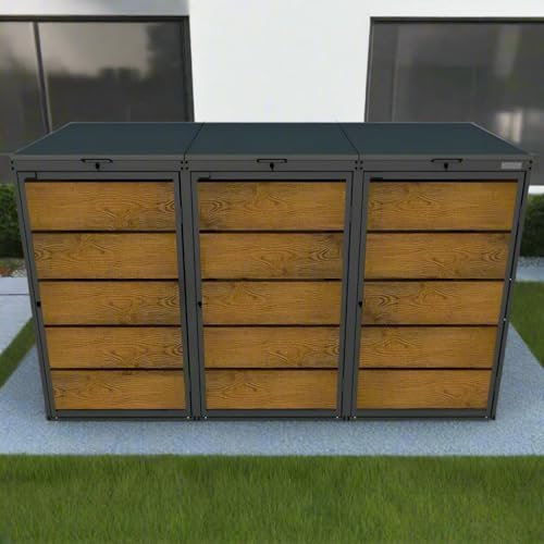 MY MÜLLTONNE OBOX Oak 3er Mülltonnenbox mit Klappdach 240L