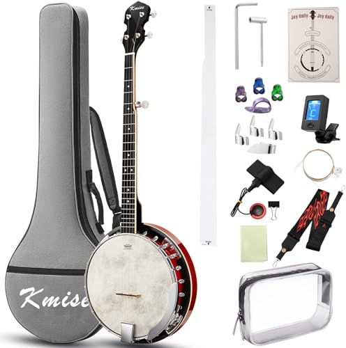 Kmise Lefty Banjo, 5 Saiten Linkshänder Banjos mit Remo Kopf, volle Größe, 96,5 cm, geschlossener Rücken mit abnehmbarem Resonator, Saiten Pack, Fingerplektren, Gurt, Etui für Anfänger und Erwachsene