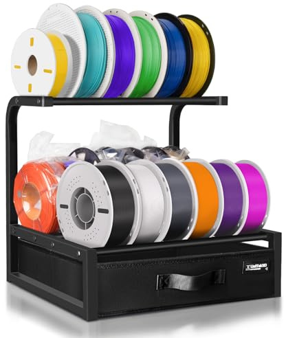 2-Tier Rack di stoccaggio dei filamenti Stampante 3D con Cassetto in Tessuto per PLA/PETG/ABS/TPU Filaments, Metal Desktop Black Double Row 3D Printer Filament Spool Holder Shelf