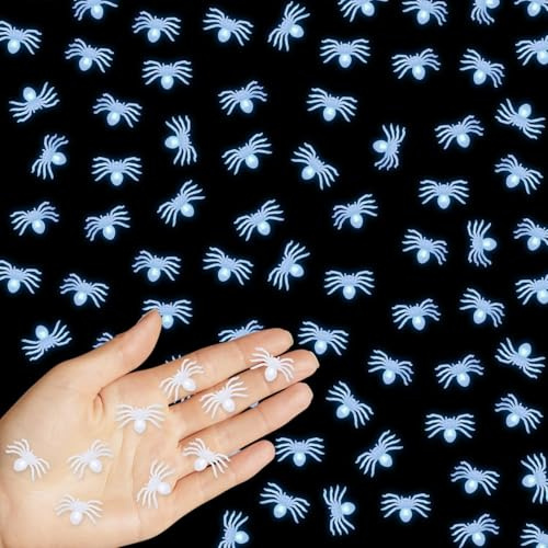 VEYLIN 100 Stück Mini Kunststoff Deko,Leuchtende Halloween Spinnen, 1,6 x 1,1 cm,weiß,Trick- oder Partydekoration, Spinnendekoration