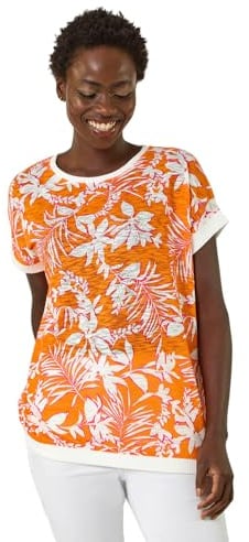 Roman Originals T-Shirt for Women UK - Ladies Tee Shirt Summer Top Holiday Day Causal Short Sleeve Blouses Round Crew Boat Neck Lightweight - Orange Floral - Size 12