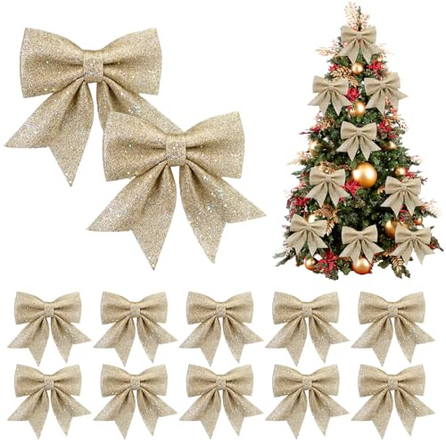 Eopvttge 12 Stück 12cm x 15cm Weihnachtsschleifen, Champagner Glitzer Schleifen Weihnachtsbaum, Geschenkschleifen Weihnachten, für Weihnachtskranz Geschenke Deko Weihnachtsbaum Deko Weihnachtsfeiern