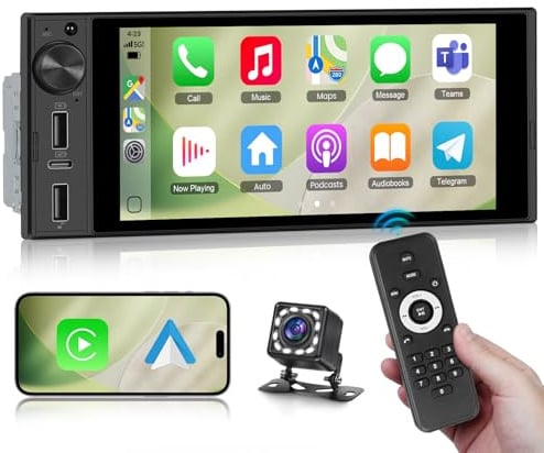1 DIN CarPlay Autoradio mit kabellosem Android Auto, Podofo 6 In-Cell Touchscreen 720P Autoradio USB-C Lautstärkeregler FM Radio BT5.2 Equalizer +Rückfahrkamera