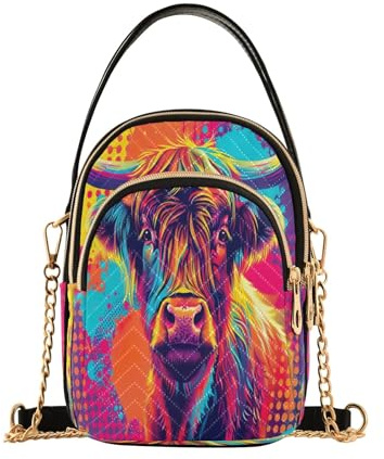 RPLIFE Pop Art Highland Cow Gesteppte Crossbody Handtasche für Frauen Kleine Umhängetasche mit Kettenriemen Damen Reisegeldbörse