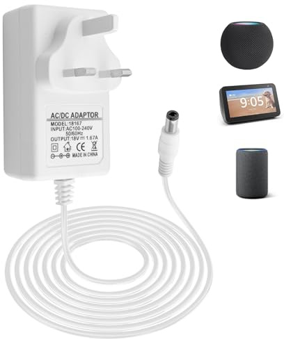 1PC 30W Power Adapter 18V 1.67A Power Supply Charger 6.3 * 2.5mm 2M/6.6FT for Echo (3rd/4th Gen) Echo Show (8/10/15) Echo Show (2nd Gen) Echo Plus (2nd Gen) Compatible with Alexa White