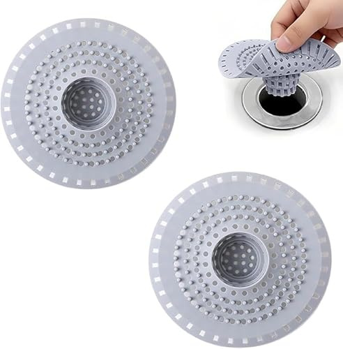 LEOINAER Set de 2 Filtre d'Écoulement pour Douche et Lavabo en Silicone - Hair Catcher et Protection pour Drain, Stoppeur de Cheveux et Filtre de Drain pour Baignoire et Lavabo (Gris)