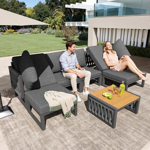 Lahoomu Gartenmöbel Set Grau mit Hochwertigen Sitzkissen & Rückenkissen, Garten Loungesessel für 6 Personen, Doppelliege für den Außenbereich, Verstellbarer Rückenlehnenwinkel
