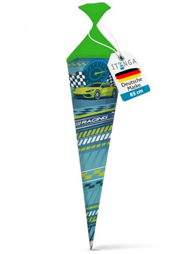 itenga Motiv Schultüte 85cm für Jungen – eckig mit Tüllverschluss – stabile Zuckertüte - Motiv, z. B. Dinosaurier, Traktor, Rennauto, Feuerwehr, Polizei, Fußball (Rennauto NITRON)