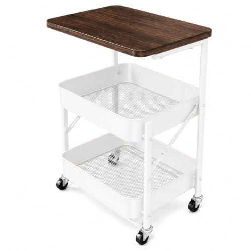 BESCH Carrito Auxiliar Plegable con Ruedas, Mesa Auxiliar con 2 Cestas de Metal, Estantería Organizadora con Tablero de Madera 45 x 30 cm, Carro de Almacenaje para Salón, Dormitorio