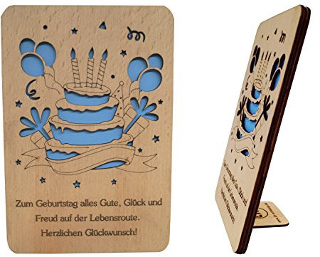 LIN-HolzkartenGrußkarten aus Holz, Geburtstag Glückwunschkarten aus Holz mit Sprüchen zum Geburtstag, Geburtstagskuchen (N600)