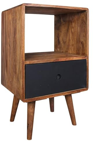 FineBuy Retro Nachtkonsole REPA Sheesham Holz Nachttisch mit Schublade 40 x 35 x 70 cm, Design Nachtkästchen Massiv für Boxspring, Großes Nachtschränkchen Dunkelbraun Nako