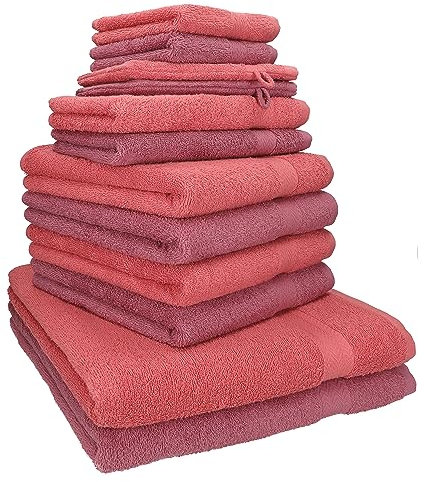 Betz 12-TLG. Handtuch Set Premium 100% Baumwolle 2 Duschtücher 4 Handtücher 2 Gästetücher 2 Seiftücher 2 Waschhandschuhe Farbe Himbeere/Beere
