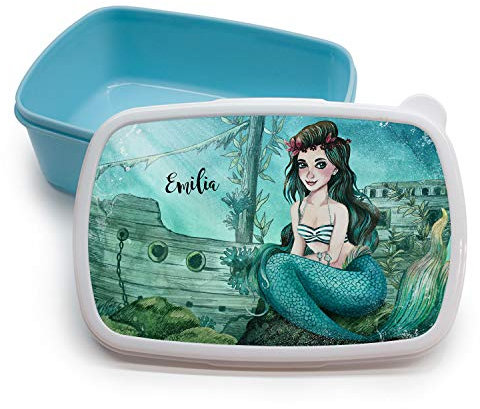 ilka parey wandtattoo-welt Lunchbox Brotdose blau Meerjungfrau versunkenes Schiff mit Wunschname Geschenk Einschulung Kindergarten LBr17