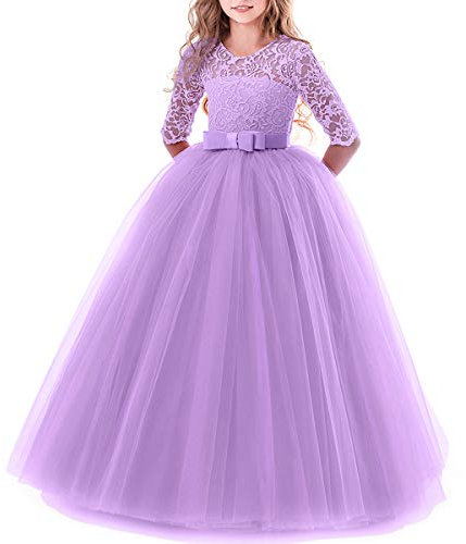 Little Big Girls Lace 3/4 Sleeve Dress Wedding Bridesmaid First Communion Evening Party Floor Length Dress Baby Children Princess Pageant Birthday Prom Carnival Christmas Ball Gown Purple 7-8 Years