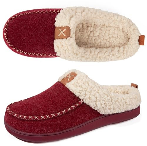 LongBay Women's Winter Slippers, Memory Foam Fluffy Moccasin House shoes with Warm Plush Fleece Lining Slip-On for Indoor Outdoor (5-6 UK, Red)