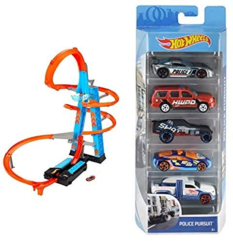Hot Wheels GWT39 - Himmelscrash-Turm, 60cm hoch mit batteriebetriebenem Beschleuniger und orangem Track mit Looping+01806 5er Pack 1:64 Die-Cast Fahrzeuge Geschenkset, je 5 Spielzeugautos