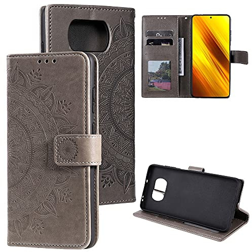 CoverKingz Handytasche kompatibel mit Xiaomi Poco X3 NFC/Poco X3 Pro - Handy Case mit Kartenfach Handyhülle - Flipcase klappbar Motiv Mandala Grau