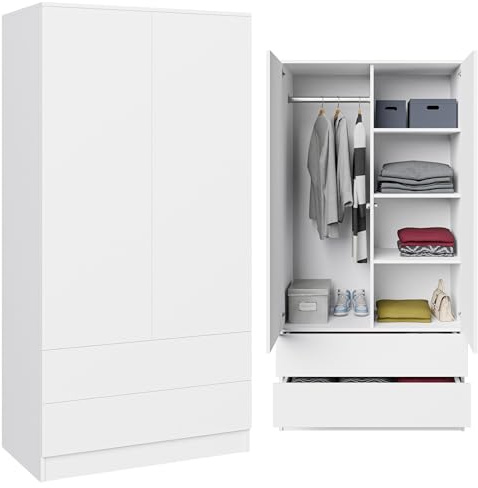 BEAUTY SOFA Classic Kleiderschrank 90x180 cm mit 2 Schubladen & Tip-ON System, Kleiderstange & Regale, Weiß